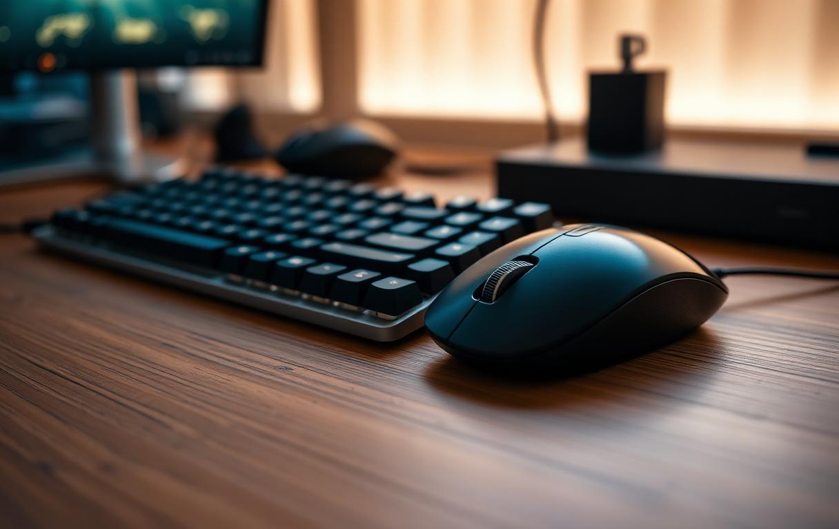 Selective focus shot of a keyboard and mouse on a desk.