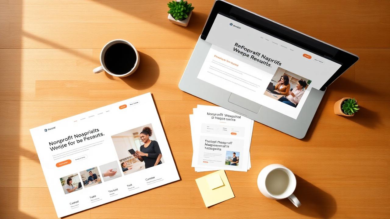 Nonprofit website template mockups on a desk with a laptop and coffee.