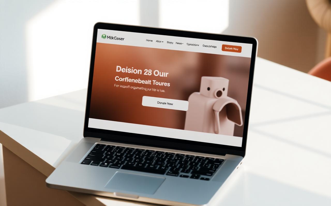 Laptop on a clean desk showing a nonprofit website with a donate button.