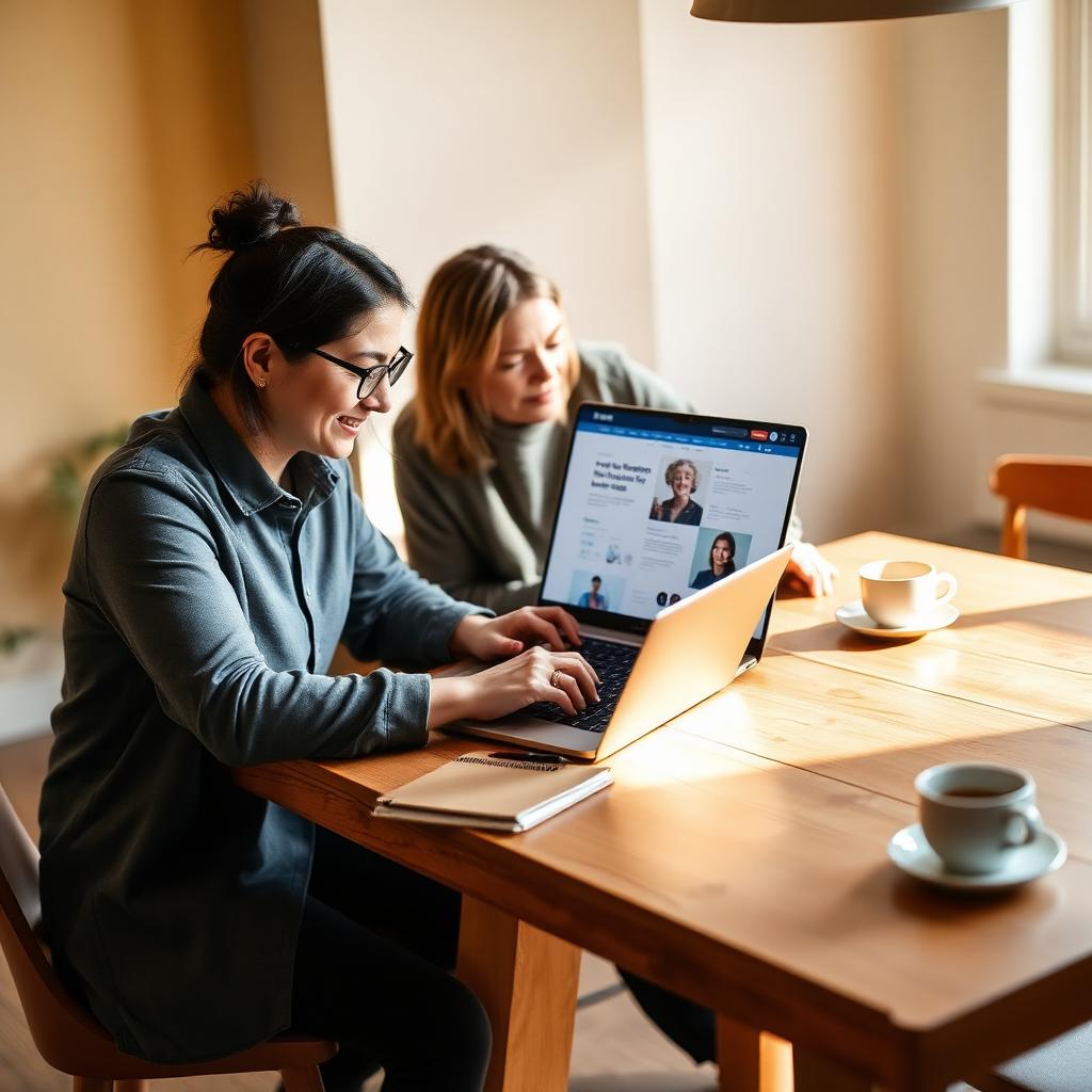 Two nonprofit leaders reviewing a website on a laptop.