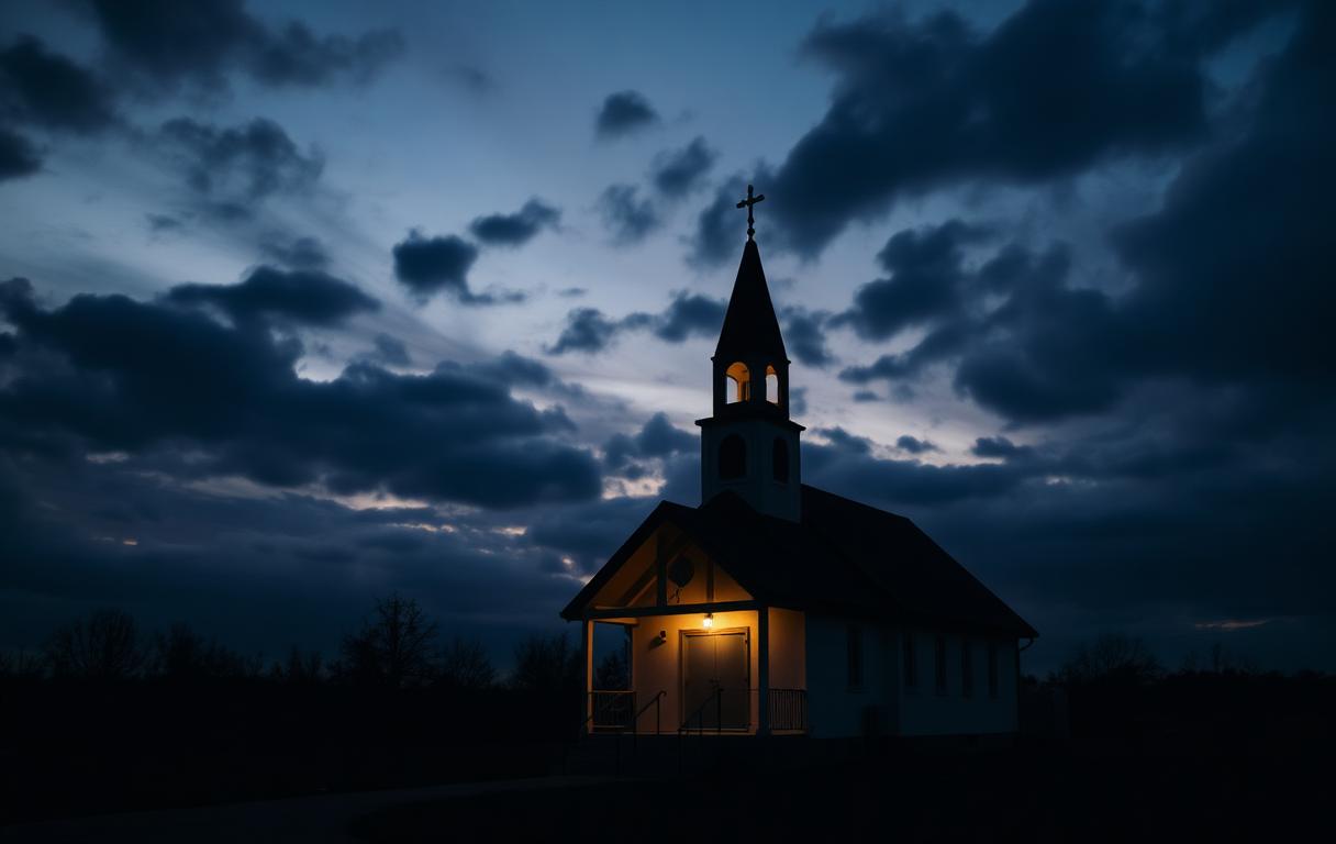 Black wooden church against a moody sky.
