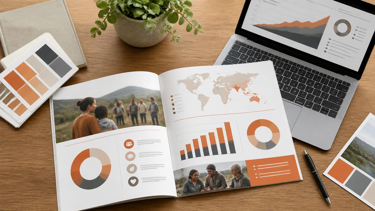 Nonprofit annual report spread showing charts, photography, and impact storytelling.
