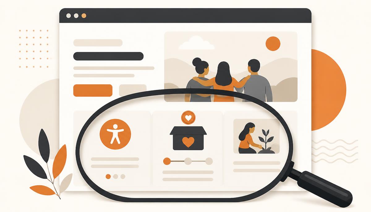 Illustration of a nonprofit website being reviewed with a magnifying glass over accessibility, donation, and impact sections.