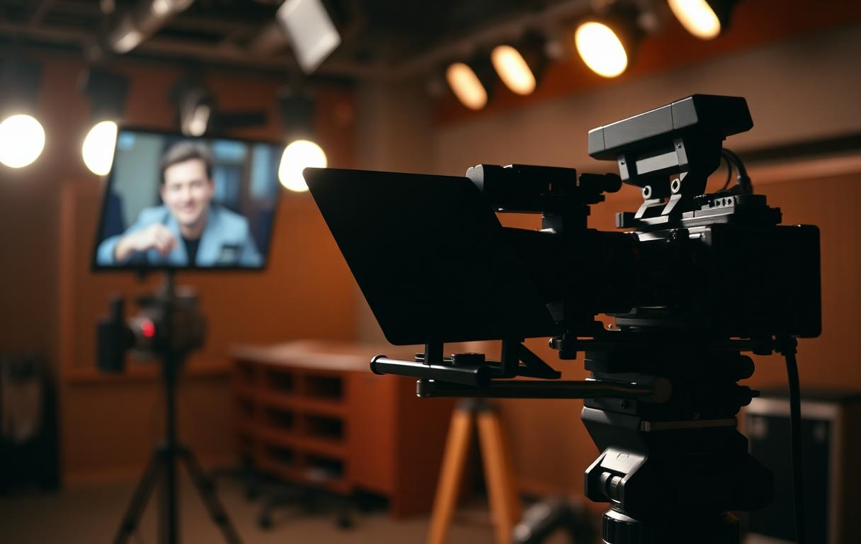 Professional teleprompter setup mounted on a camera.